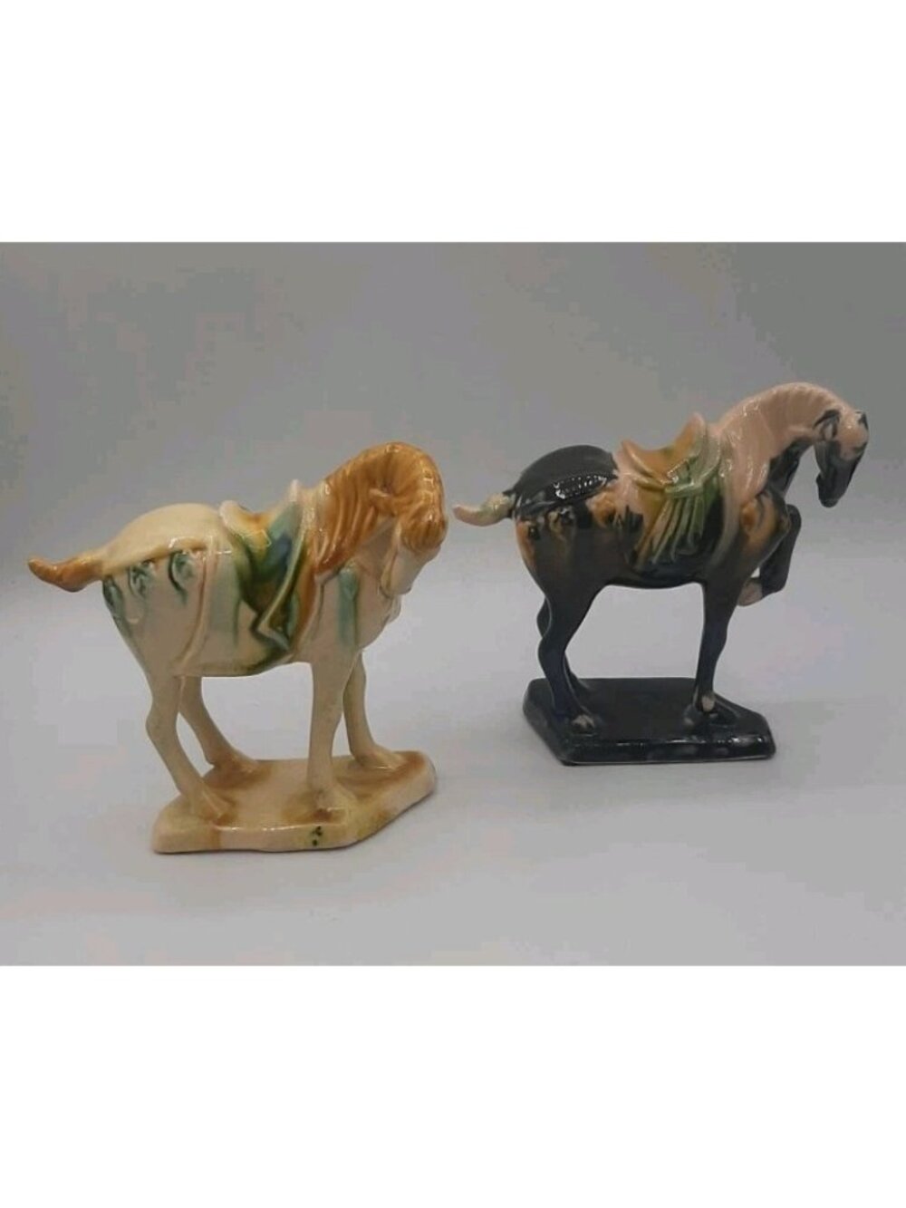 Vintage Tang Dynasty Sancai Luoyang Drip Glaze War Horses Set of 2 Navy & Cream